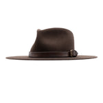 Ninakuru long brim wool hat with leather band and buckle.
