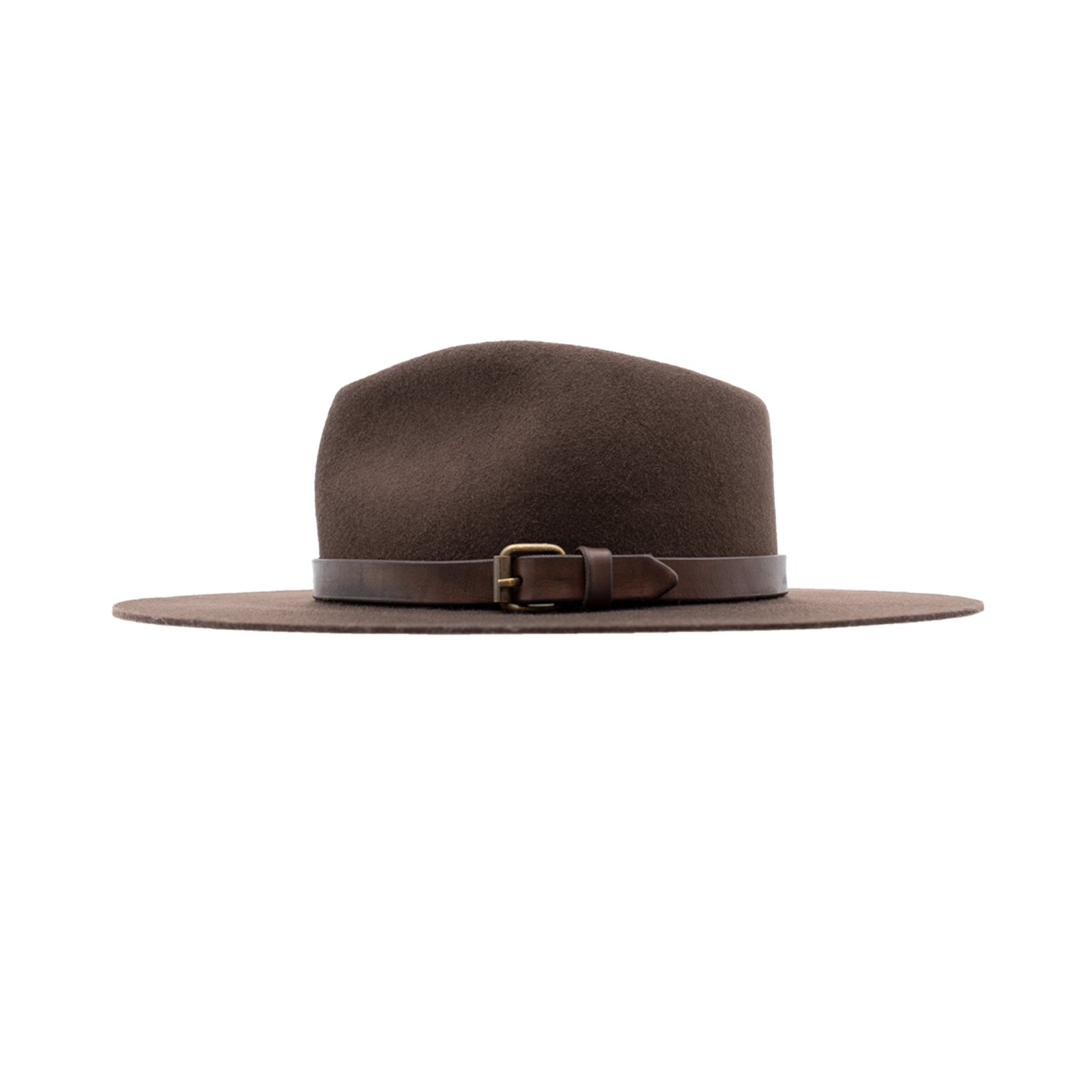 Ninakuru long brim wool hat with leather band and buckle.