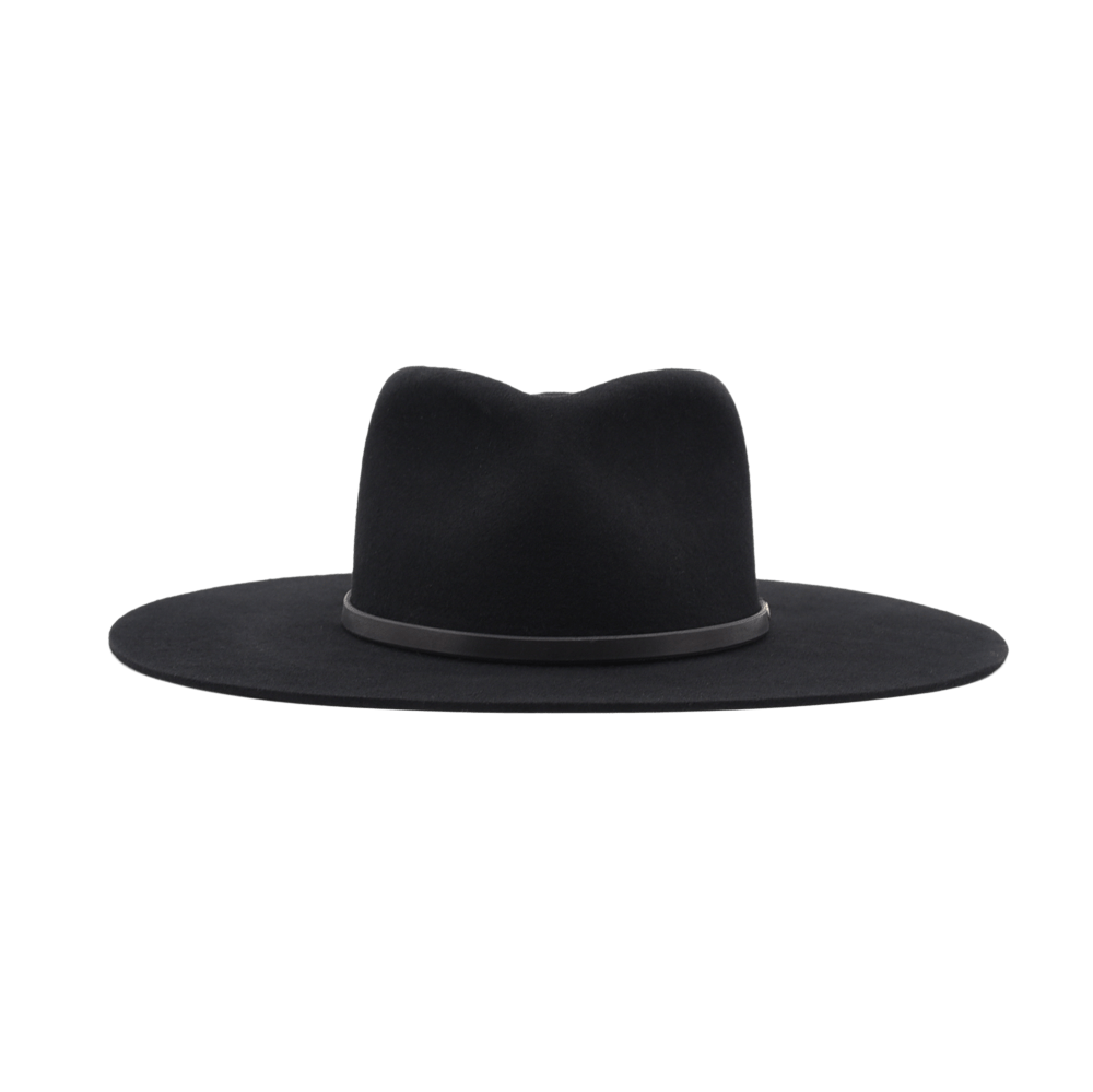 Ninakuru long brim wool hat with black leather band and eyelets. Leather interior band.