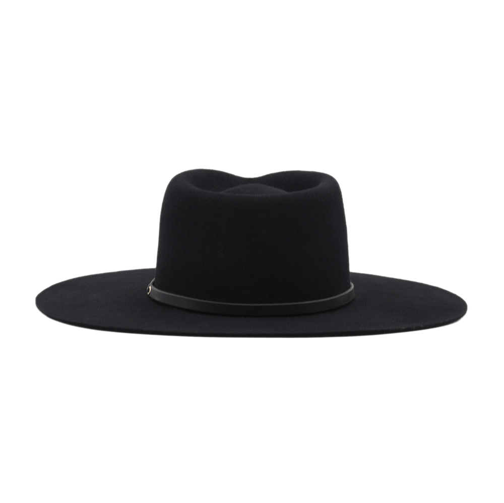 Ninakuru long brim wool hat with black leather band and eyelets. Leather interior band.