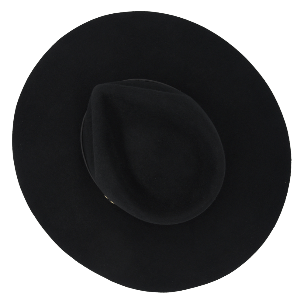 Ninakuru long brim wool hat with black leather band and eyelets. Leather interior band.