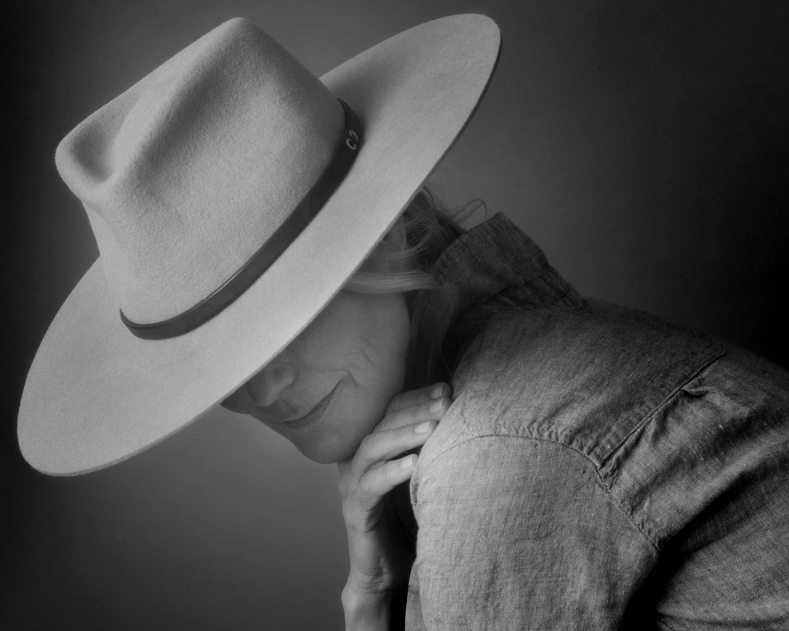 Ninakuru long brim wool hat with black leather band and eyelets. Leather interior band.