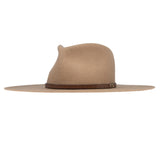 Ninakuru long brim wool hat with brown leather band and eyelets. Leather interior band.