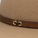 Ninakuru long brim wool hat with brown leather band and eyelets. Leather interior band.