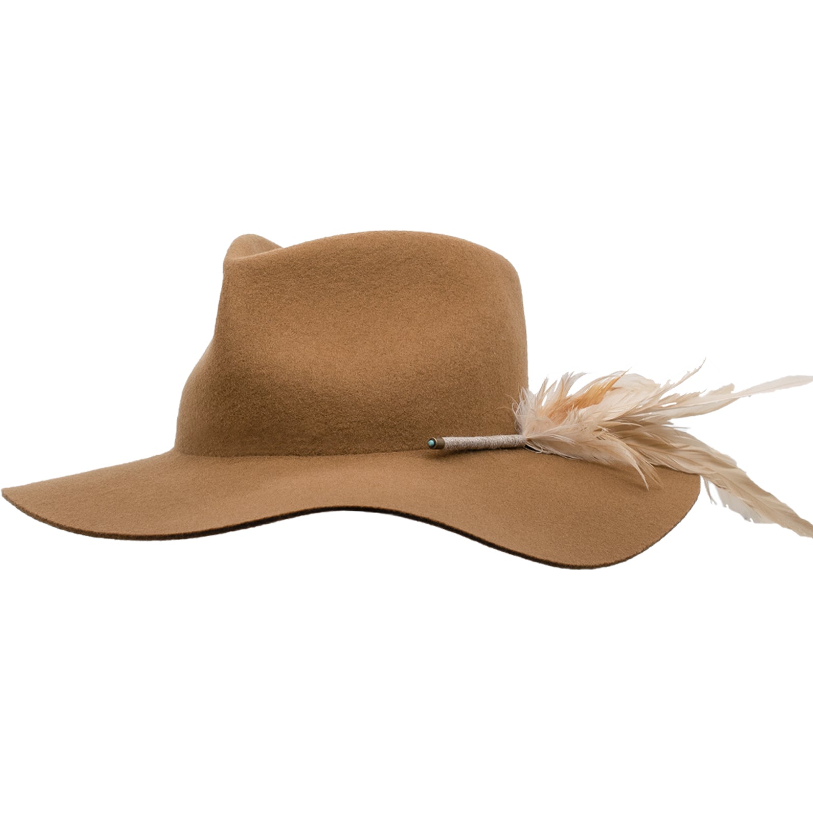 Ninakuru wool hat with game feathers and turquoise.