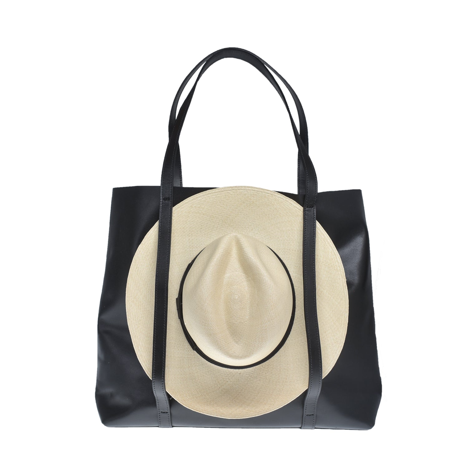 Leather tote bag with hat carrier.