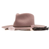 Ninakuru wool felt hat with leather and pink quartz.