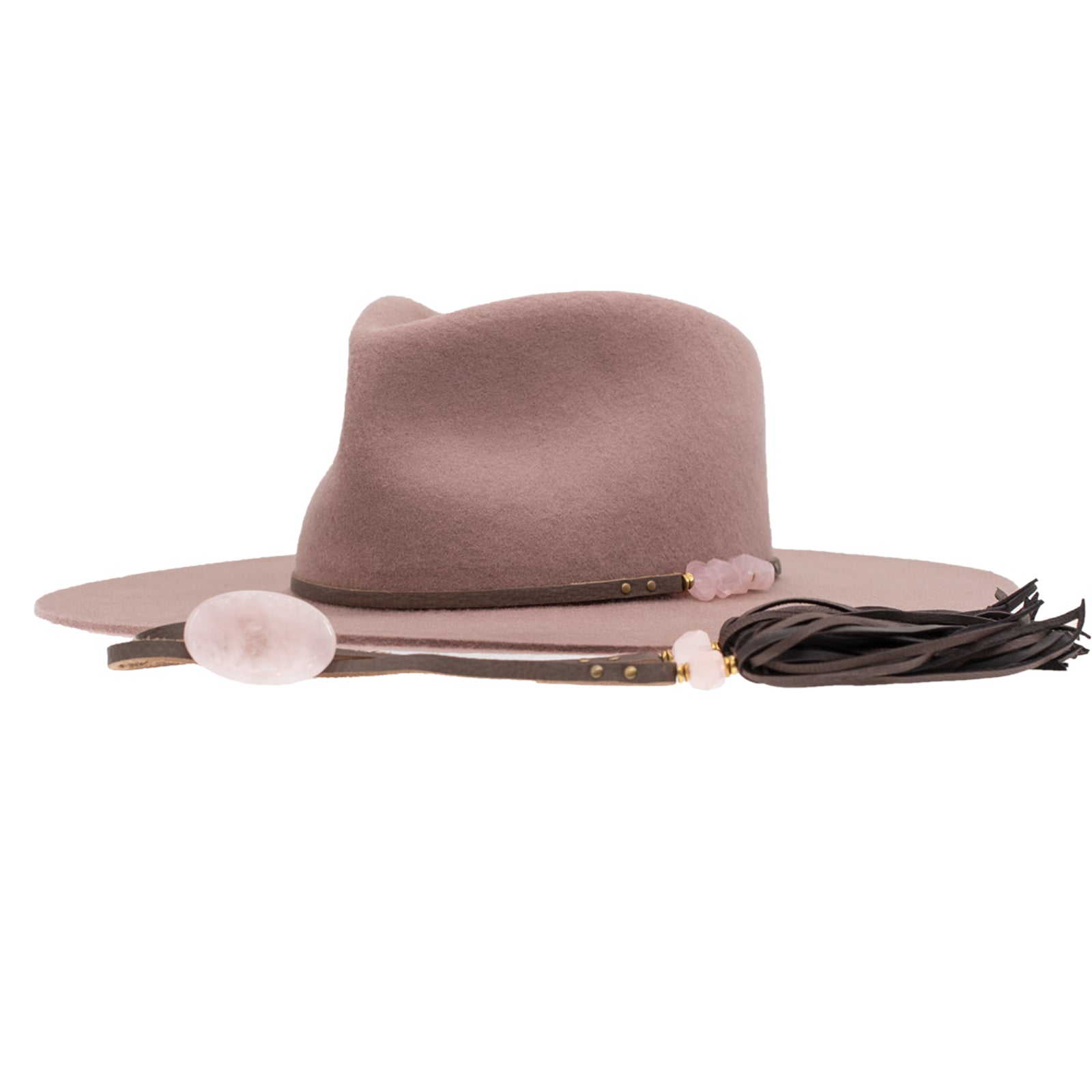 Ninakuru wool felt hat with leather and pink quartz.