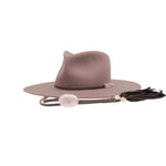 Ninakuru wool felt hat with leather and pink quartz.