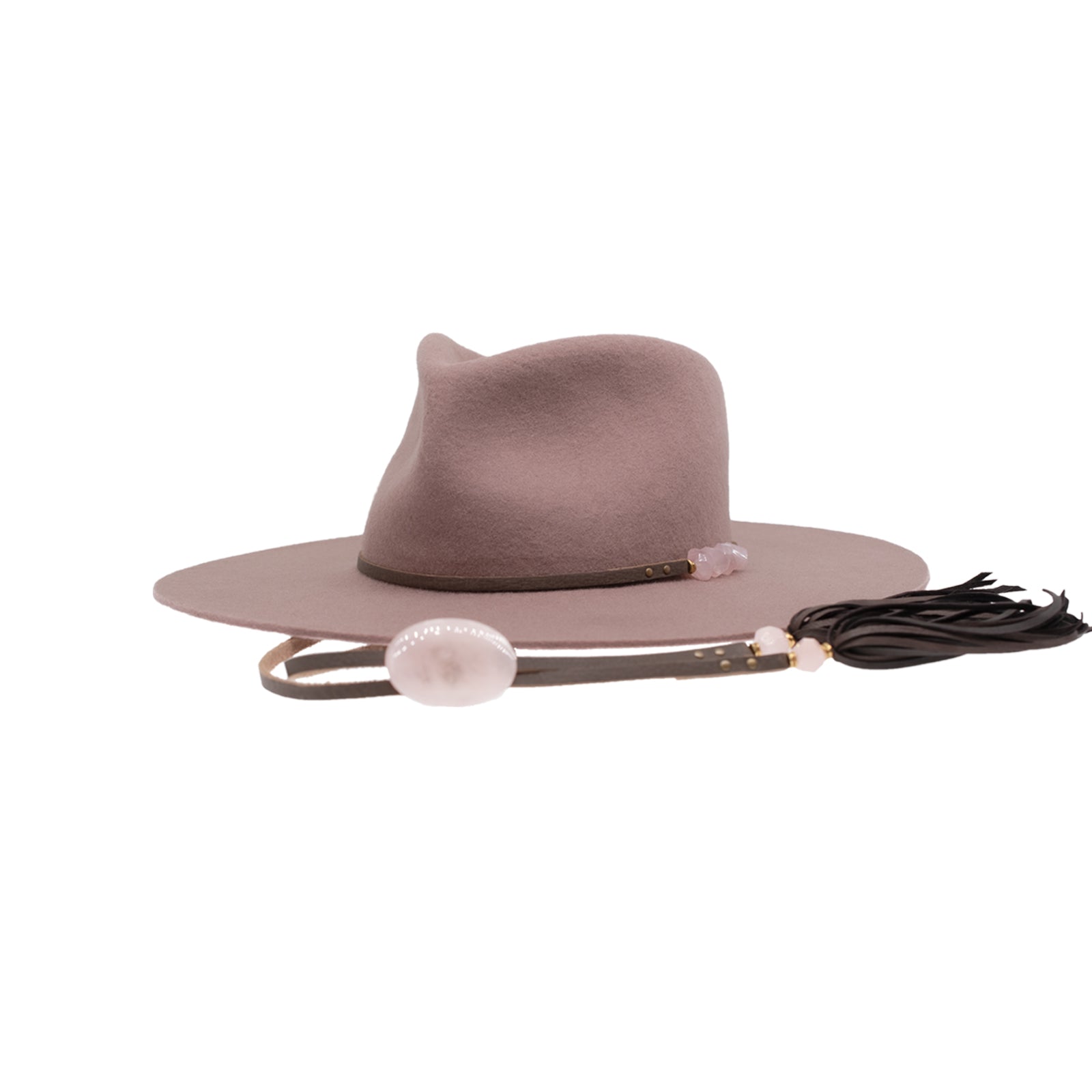 Ninakuru wool felt hat with leather and pink quartz.