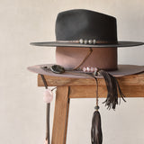 Ninakuru wool felt hat with leather and pink quartz.