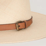 Ninakuru long brim Panama hat with leather band and buckle. Cotton interior band.