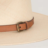 Ninakuru long brim Panama hat with leather band and buckle. Cotton interior band.