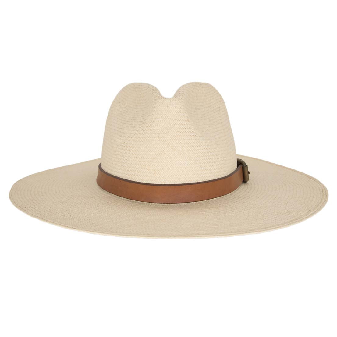 Ninakuru long brim Panama hat with leather band and buckle. Cotton interior band.