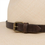 Ninakuru long brim Panama hat with leather band and buckle.