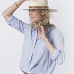 Ninakuru long brim Panama hat with leather band and buckle.