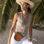 Ninakuru long brim Panama hat with leather band and buckle.