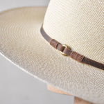 Ninakuru long brim Panama hat with leather lace band and bronze loop.