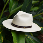 Ninakuru long brim Panama hat with dark brown leather embellished band, line stitch. Cotton interior band.