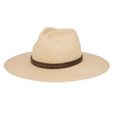 Ninakuru long brim Panama hat with leather embellished band, line stitch.