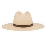 Ninakuru long brim Panama hat with leather embellished band, line stitch.