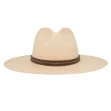Ninakuru long brim Panama hat with leather embellished band, line stitch.