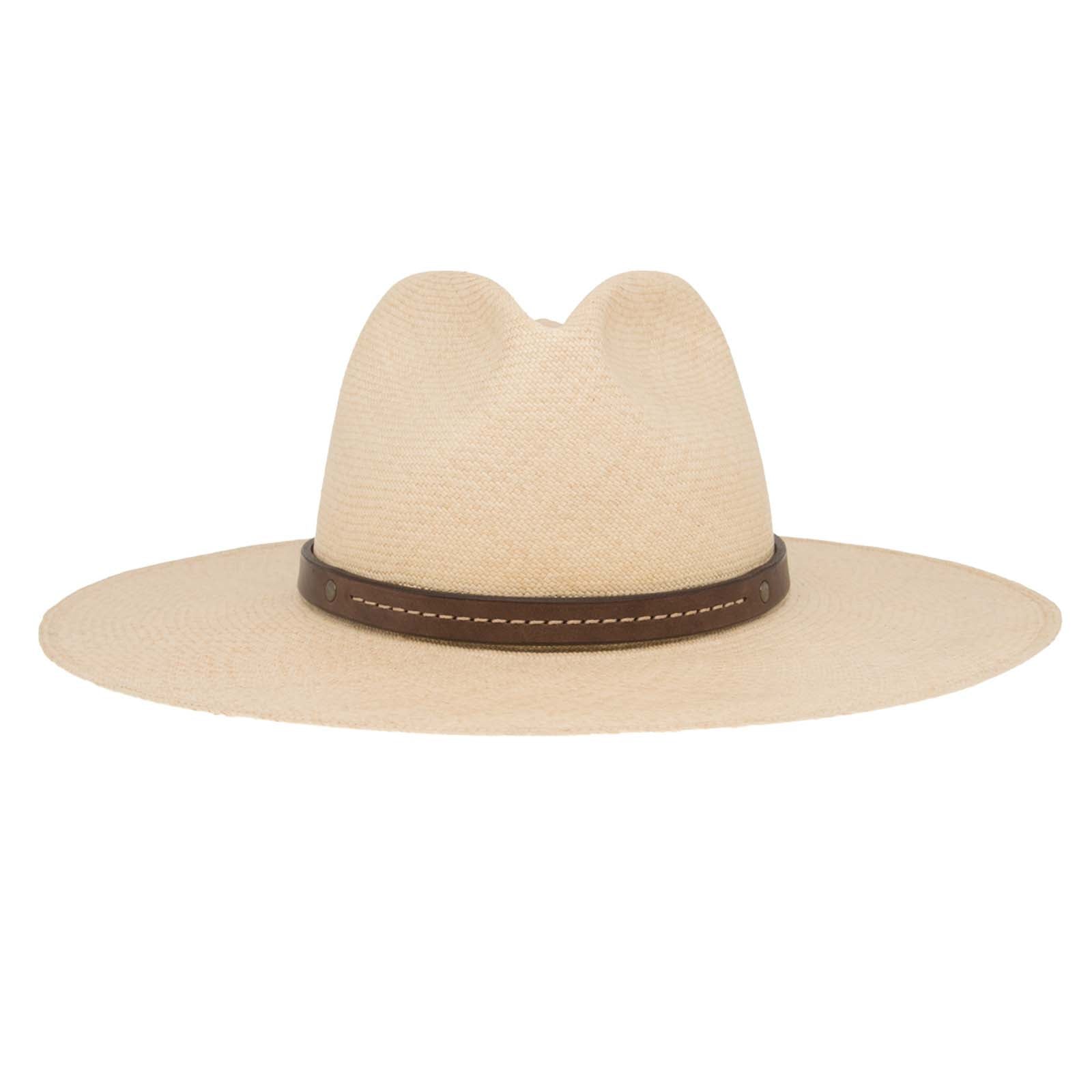 Ninakuru long brim Panama hat with leather embellished band, line stitch.