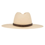 Ninakuru long brim Panama hat with leather embellished band, line stitch.