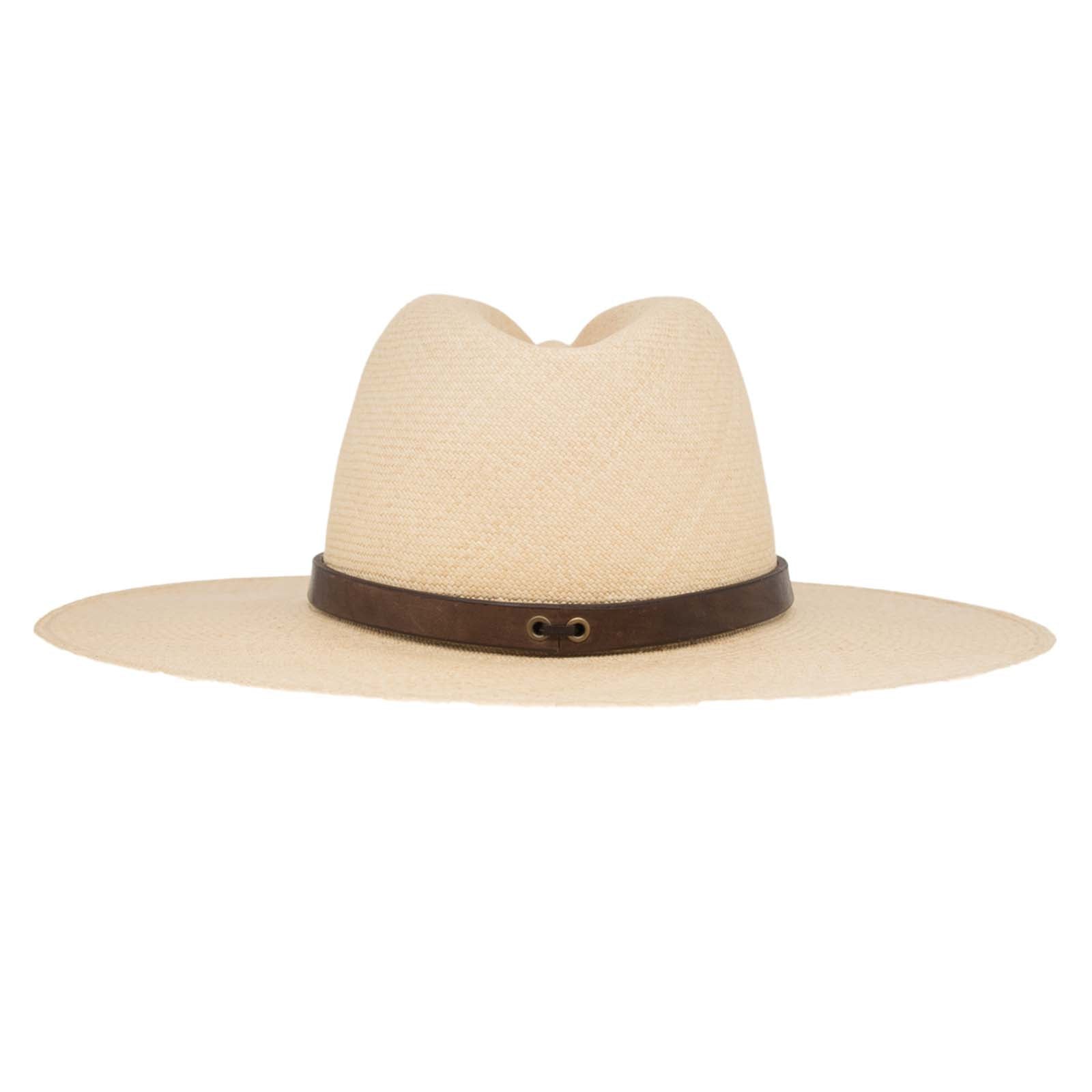 Ninakuru long brim Panama hat with leather embellished band, line stitch.