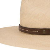 Ninakuru long brim Panama hat with leather embellished band, line stitch.