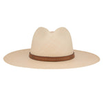 Ninakuru long brim Panama hat with leather embellished band, line stitch.