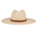 Ninakuru long brim Panama hat with leather embellished band, line stitch.