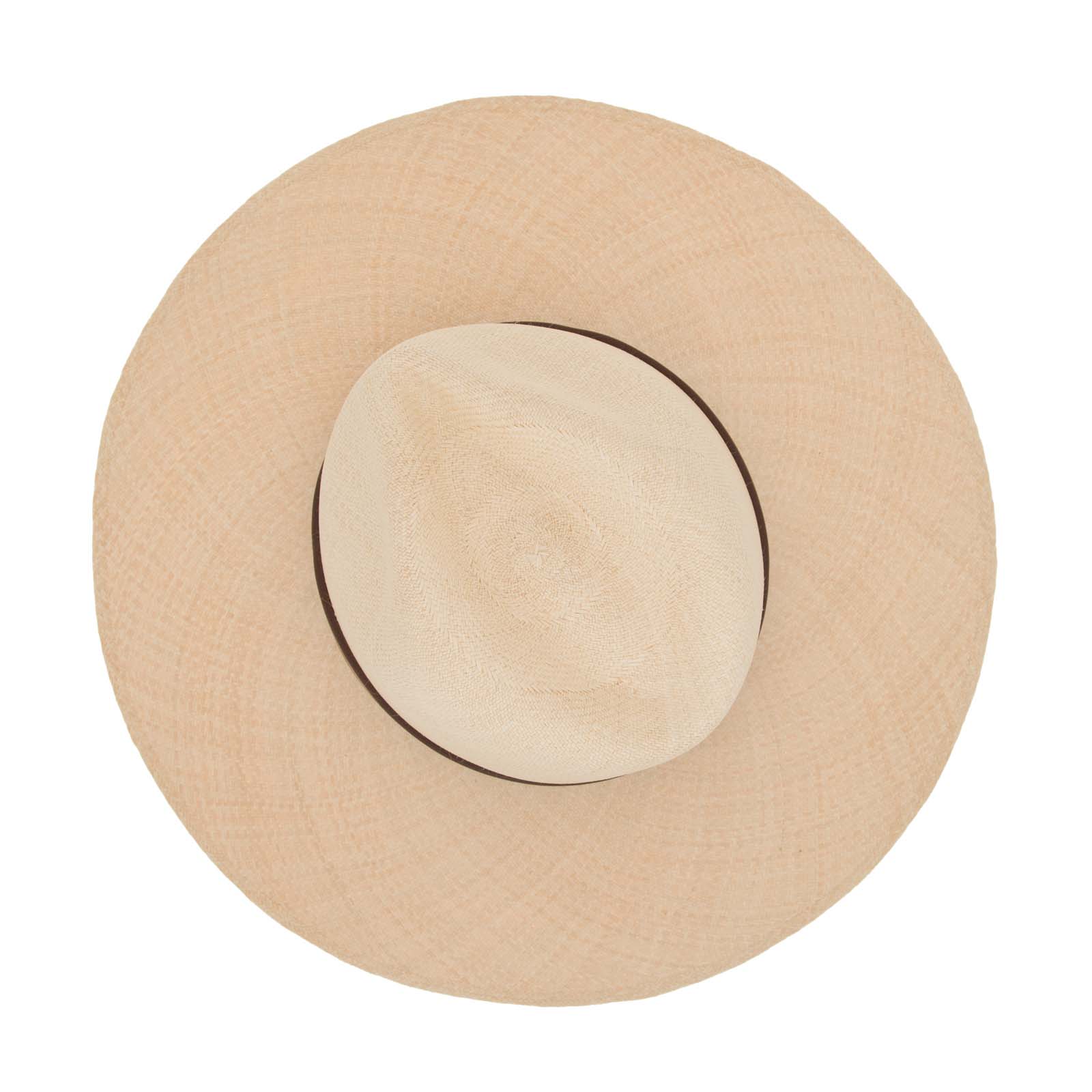 Ninakuru long brim Panama hat with leather embellished band, line stitch.