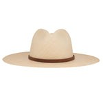 Ninakuru long brim Panama hat with leather band and brass eyelets.
