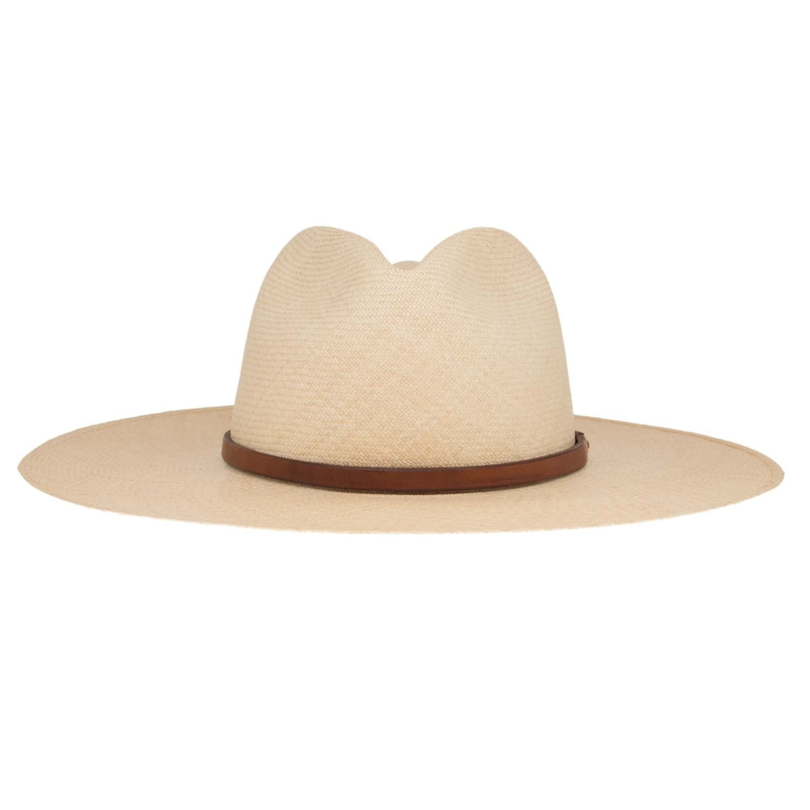 Ninakuru long brim Panama hat with leather band and brass eyelets.