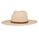 Ninakuru long brim Panama hat with leather band and brass eyelets.