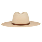Ninakuru long brim Panama hat with leather band and brass eyelets.