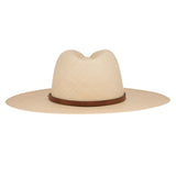 Ninakuru long brim Panama hat with leather band and brass eyelets.