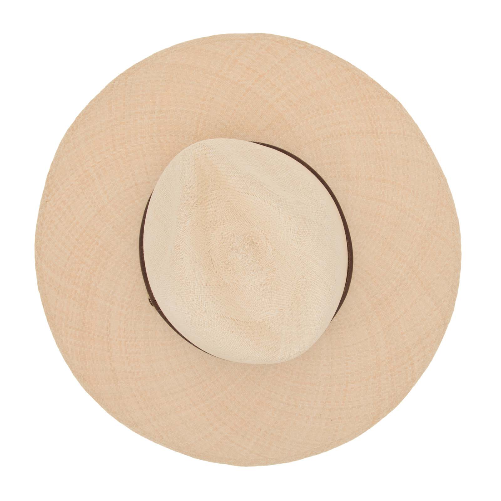 Ninakuru long brim Panama hat with leather band and brass eyelets.