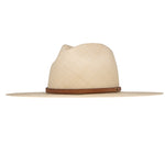 Ninakuru long brim Panama hat with leather band and brass eyelets.