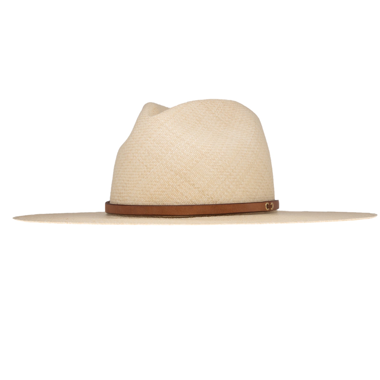 Ninakuru long brim Panama hat with leather band and brass eyelets.