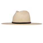 Ninakuru long brim Panama hat with leather band and brass eyelets.