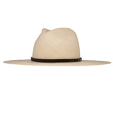 Ninakuru long brim Panama hat with leather band and brass eyelets.