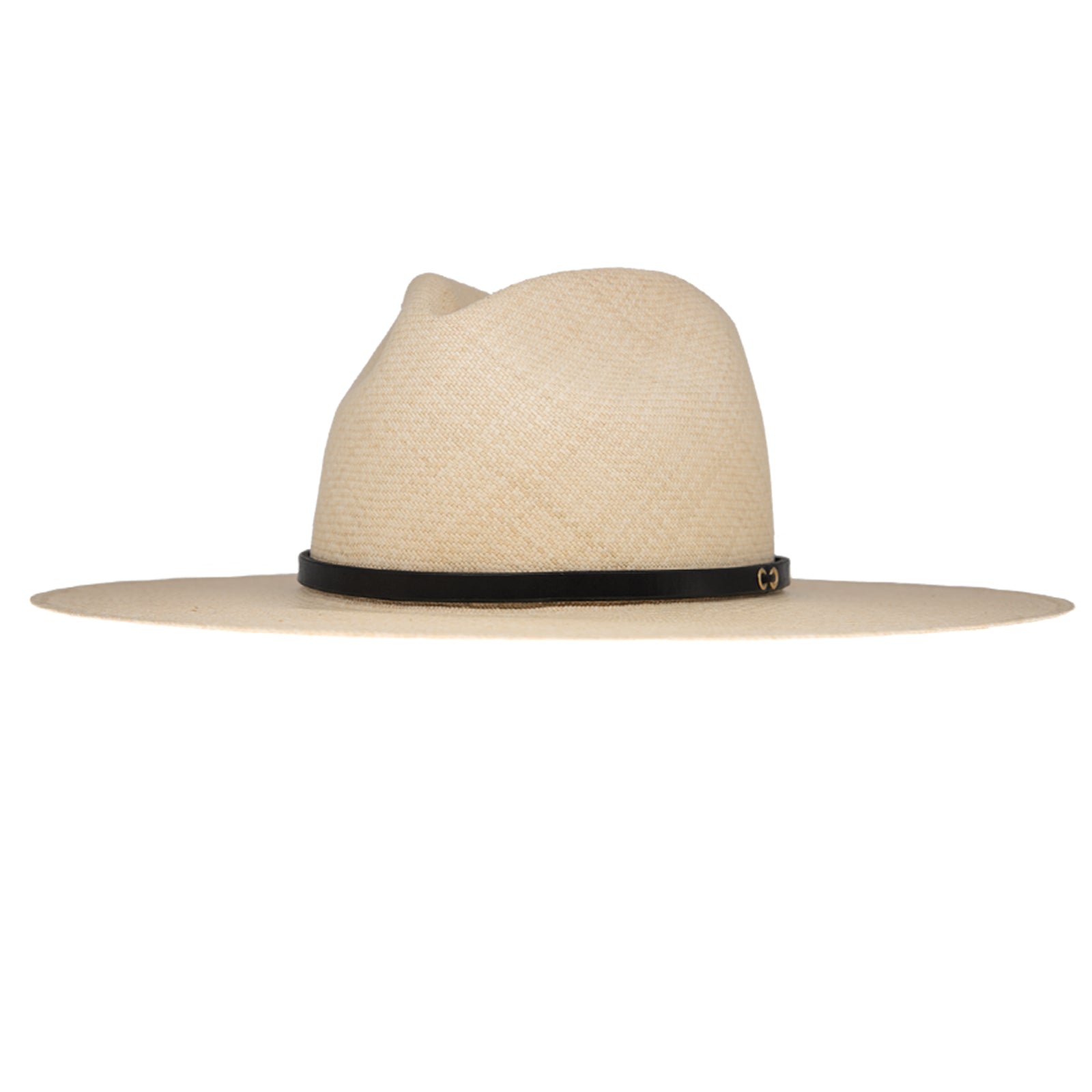 Ninakuru long brim Panama hat with leather band and brass eyelets.