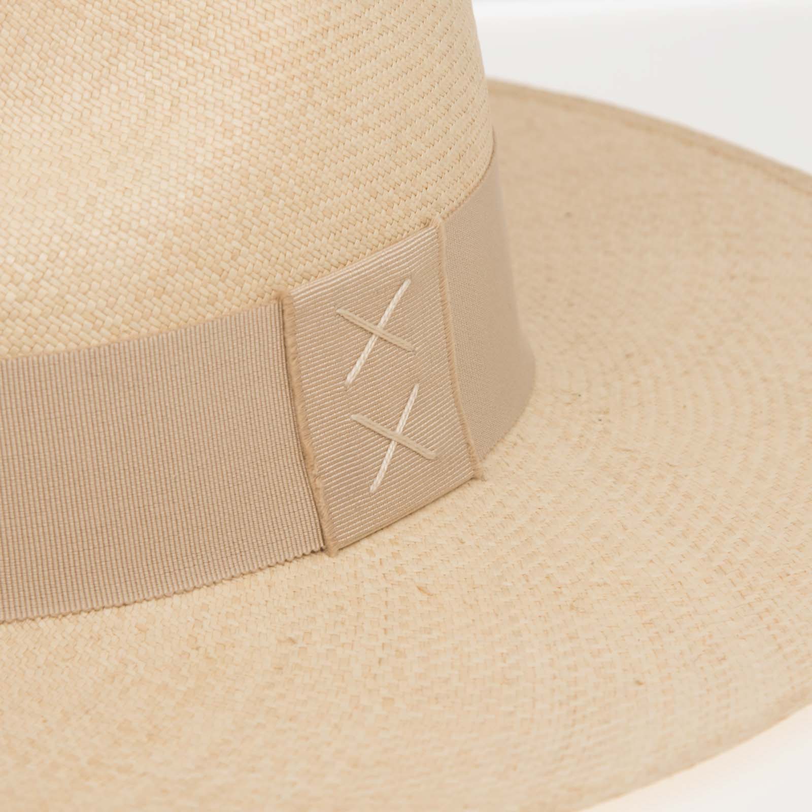 Ninakuru long brim Panama hat with grosgrain ribbon with stitched loop.