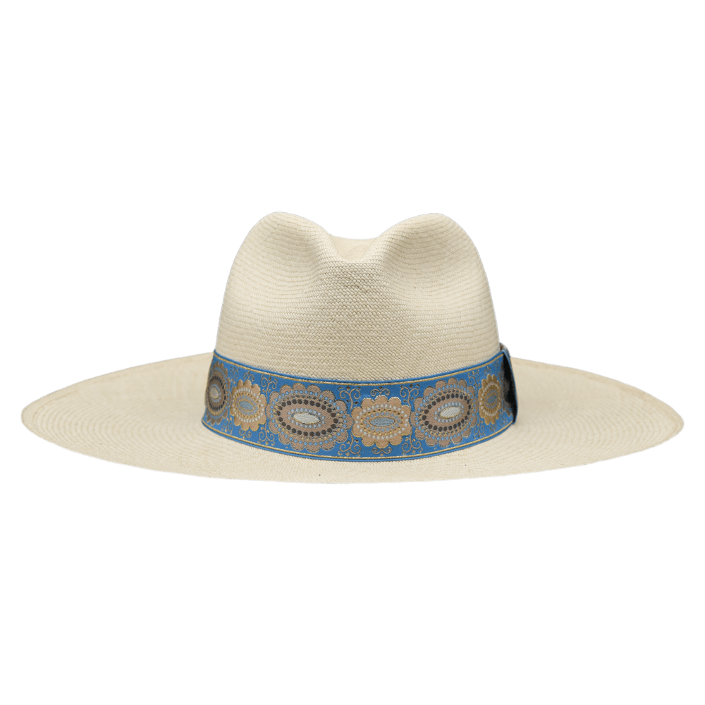 Ninakuru long brim Panama hat with vintage brocade ribbon. Cotton interior band.