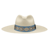 Ninakuru long brim Panama hat with vintage brocade ribbon. Cotton interior band.