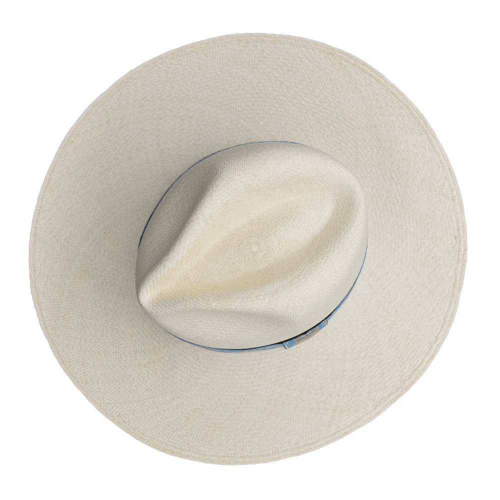Ninakuru long brim Panama hat with vintage brocade ribbon. Cotton interior band.