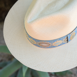 Ninakuru long brim Panama hat with vintage brocade ribbon. Cotton interior band.