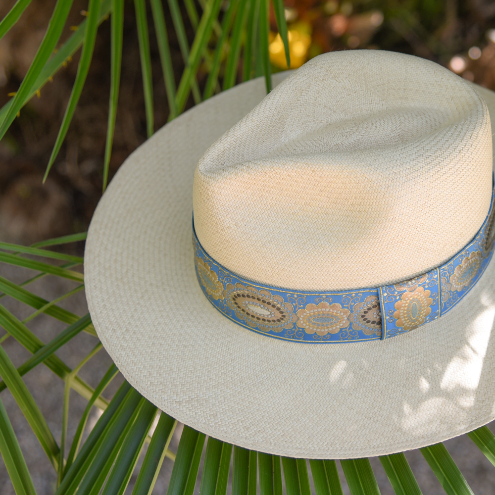 Ninakuru long brim Panama hat with vintage brocade ribbon. Cotton interior band.
